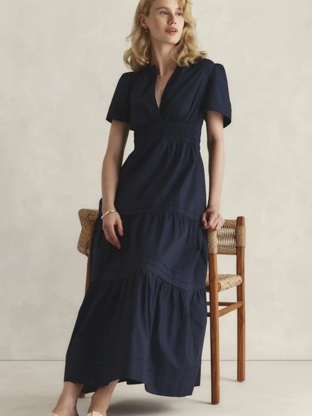 Cotton Poplin Tiered Maxi Dress in Navy